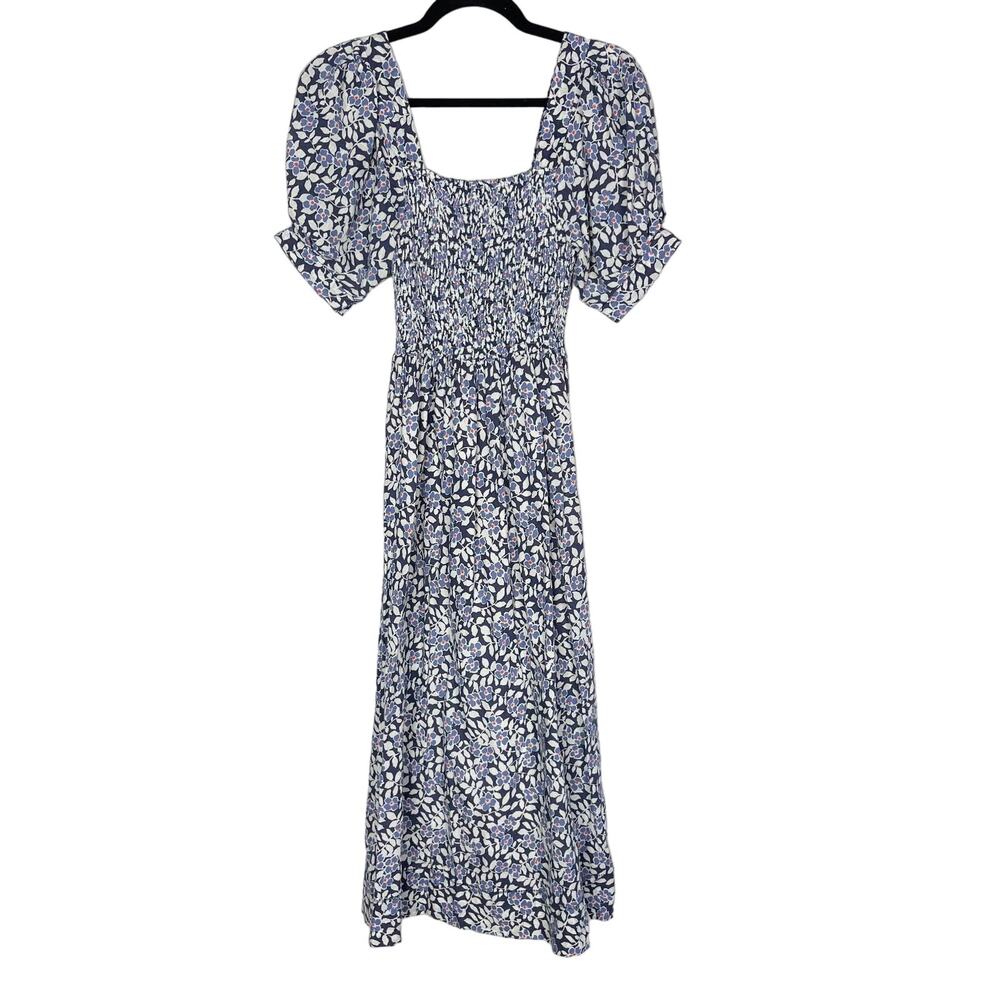 The Great 0 XS Blue White Red Morning Flowers Savanna Dress Puff Sleeves Smocked